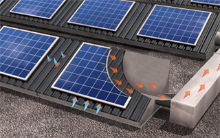 Diagram showing modular rooftop solar air heating unit with PV panels on top